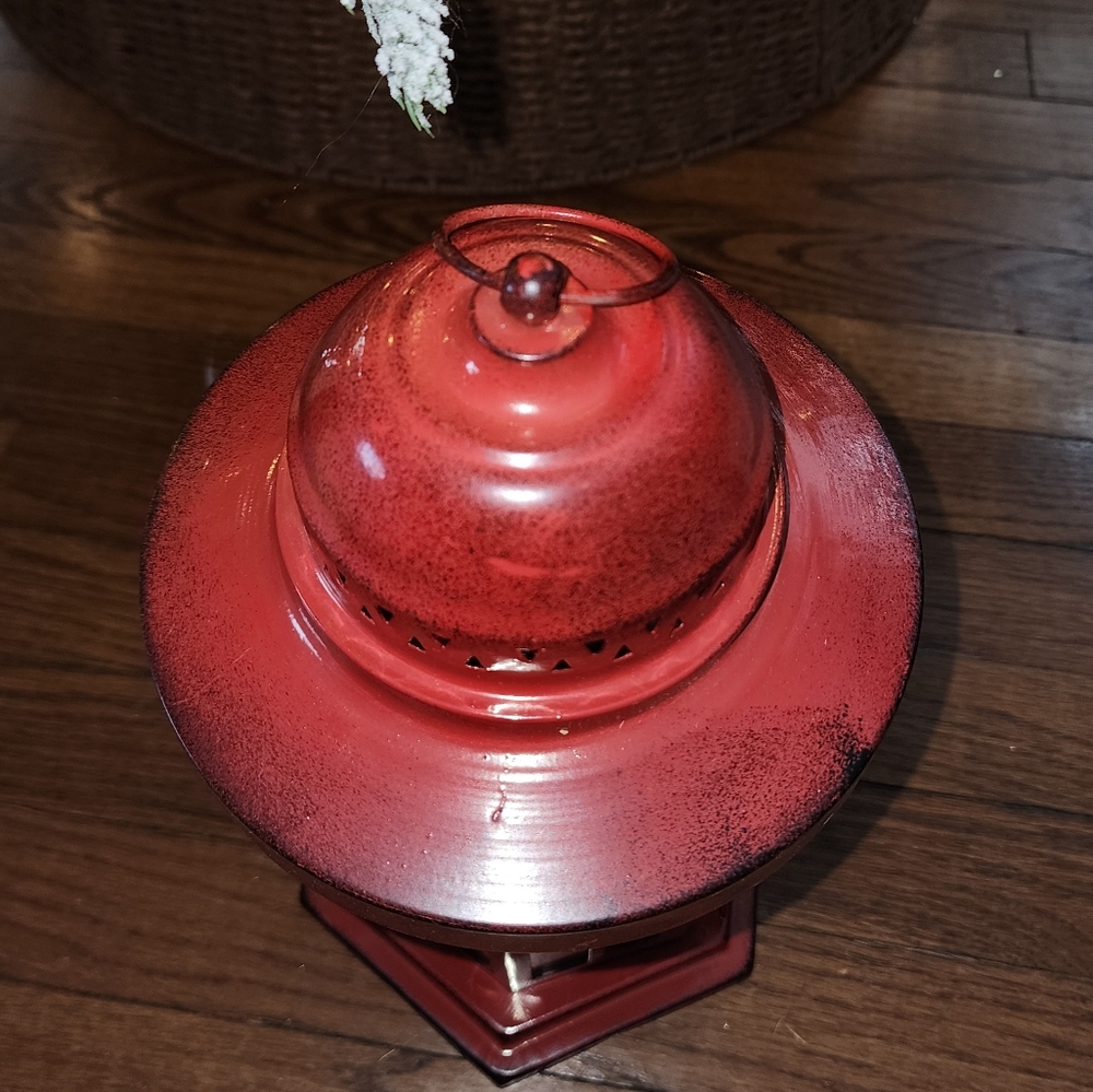 Red Metal Lantern with Glass Panels - Picture 3 of 3